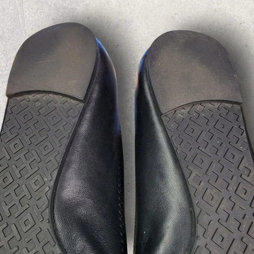 Tory Burch Womens Black Leather Ballet Flats Shoes 5.5 Slip On Gold Logo Travel
